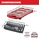 The image shows dimensions for a transparent packout organizer (19.8" x 16.4" x 2.3") and a black mechanics hand tool set (11.7" x 7.7" x 1.2"). It highlights a lifetime guarantee for the mechanic's tool and a limited lifetime warranty for the packout organizer.