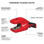 Walkaround image of the Milwaukee M12 Brushless 1-1/4" - 2" Copper Tubing Cutter highlighting its USPs