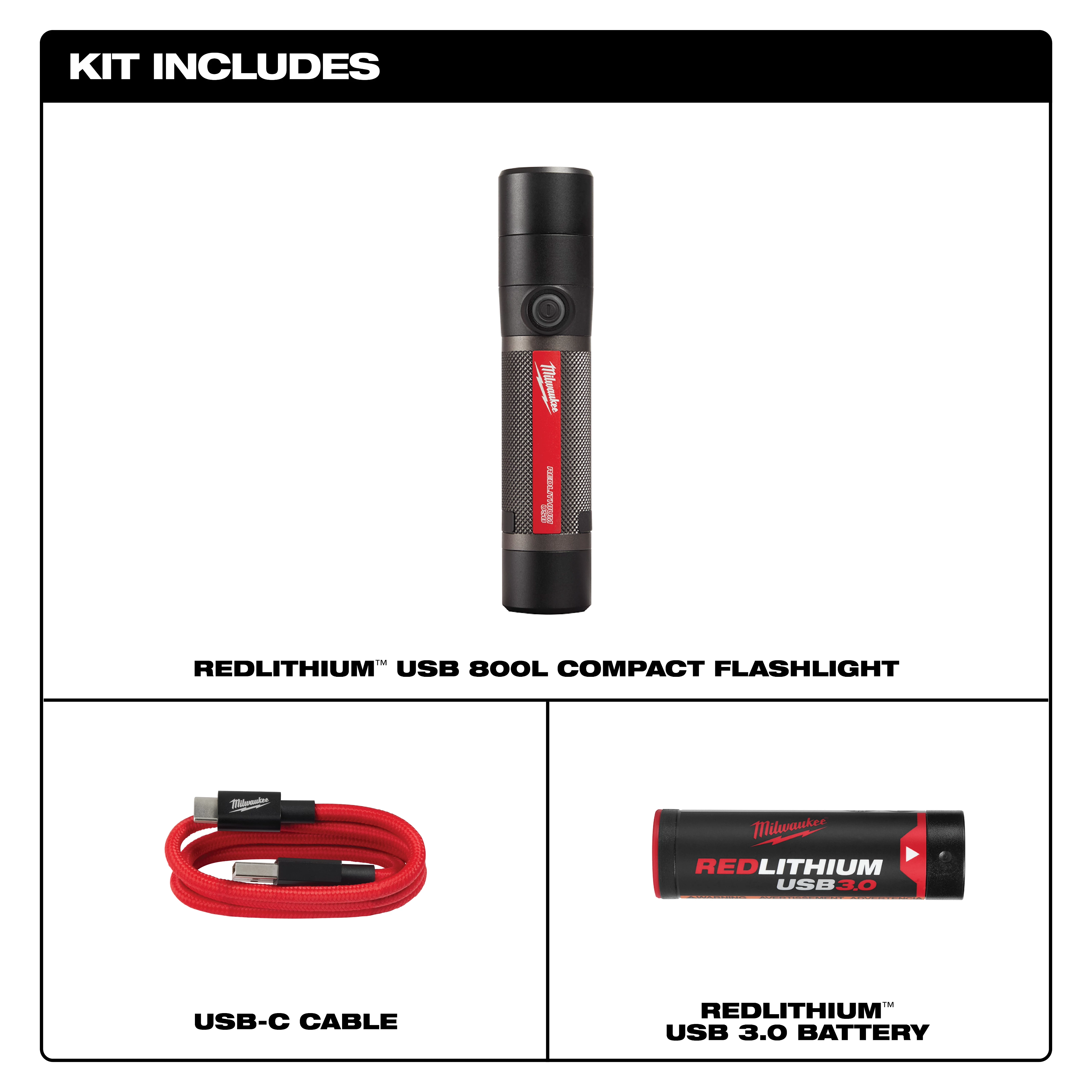 USB Rechargeable 800L Compact Flashlight kit includes the flashlight, a red USB-C cable, and a USB 3.0 battery.