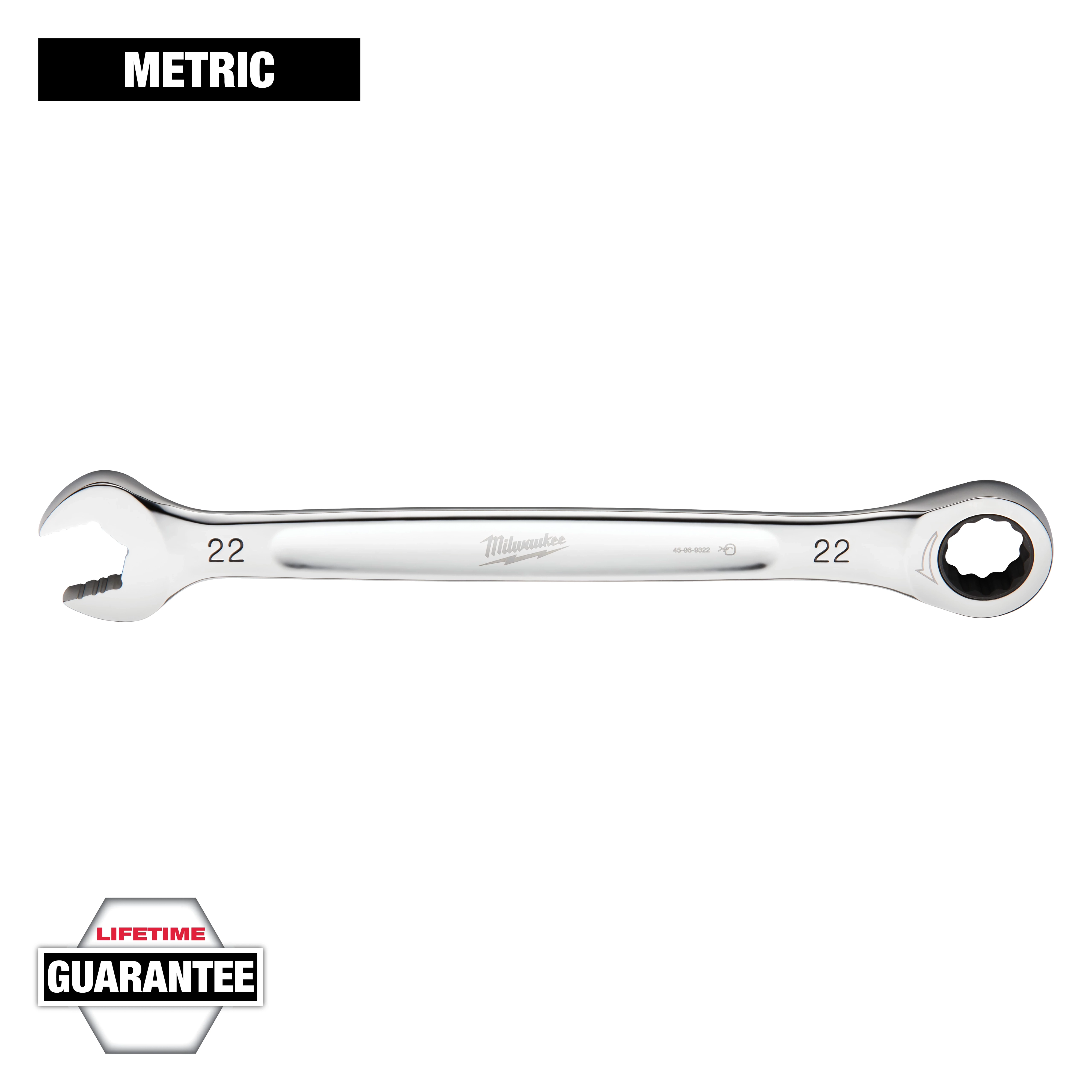 This image shows a chrome Milwaukee combination wrench with a 22mm size marked on both ends. One end is an open-end wrench, and the other is a ratcheting box-end. It includes a "METRIC" label at the top and a "LIFETIME GUARANTEE" label at the bottom.