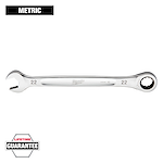 This image shows a chrome Milwaukee combination wrench with a 22mm size marked on both ends. One end is an open-end wrench, and the other is a ratcheting box-end. It includes a "METRIC" label at the top and a "LIFETIME GUARANTEE" label at the bottom.