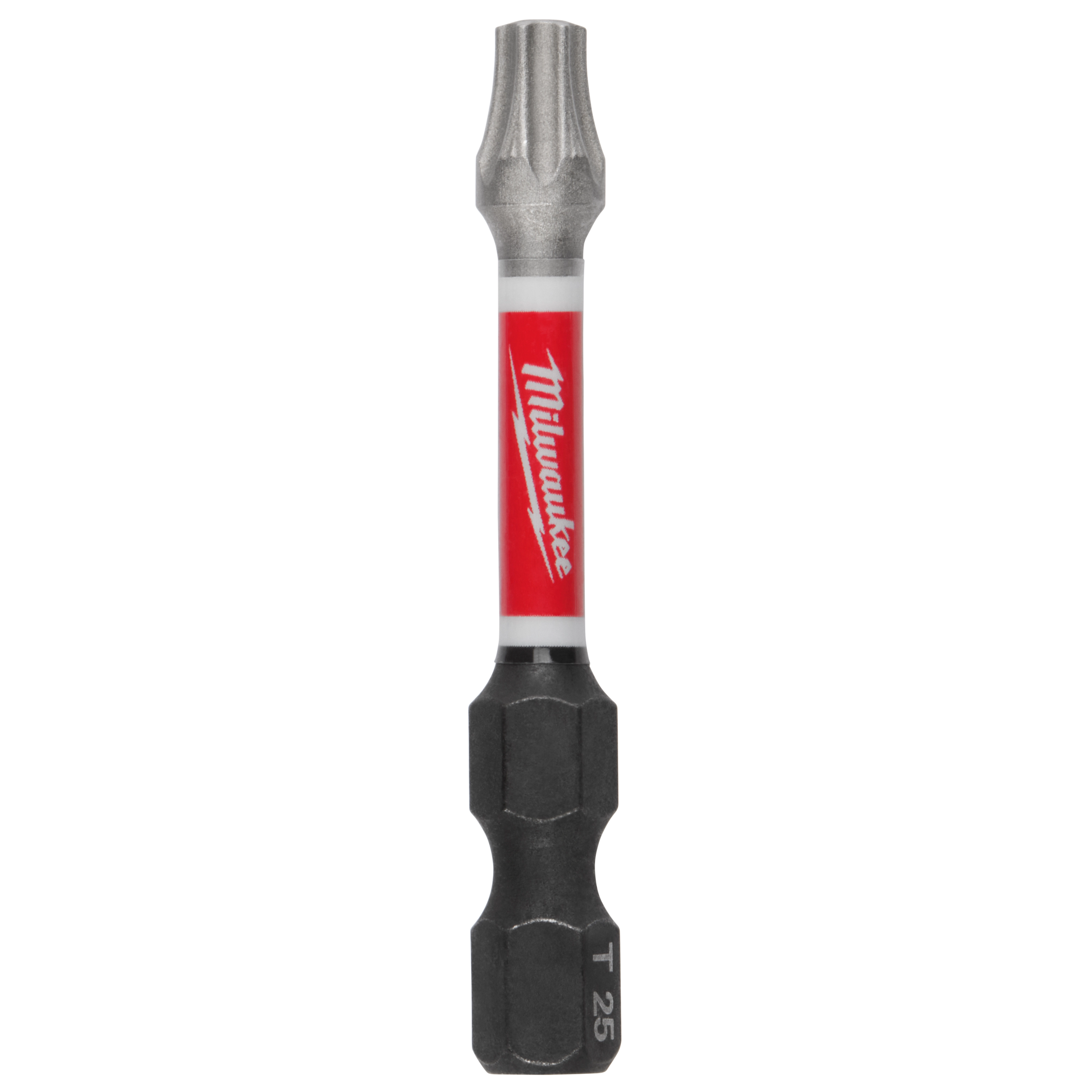 This image shows a SHOCKWAVE™ 2" Impact Duty TORX® T25 Power Bit. The bit has a red and silver shaft with the brand name Milwaukee on it, and a T25 tip designed for impact-duty performance.