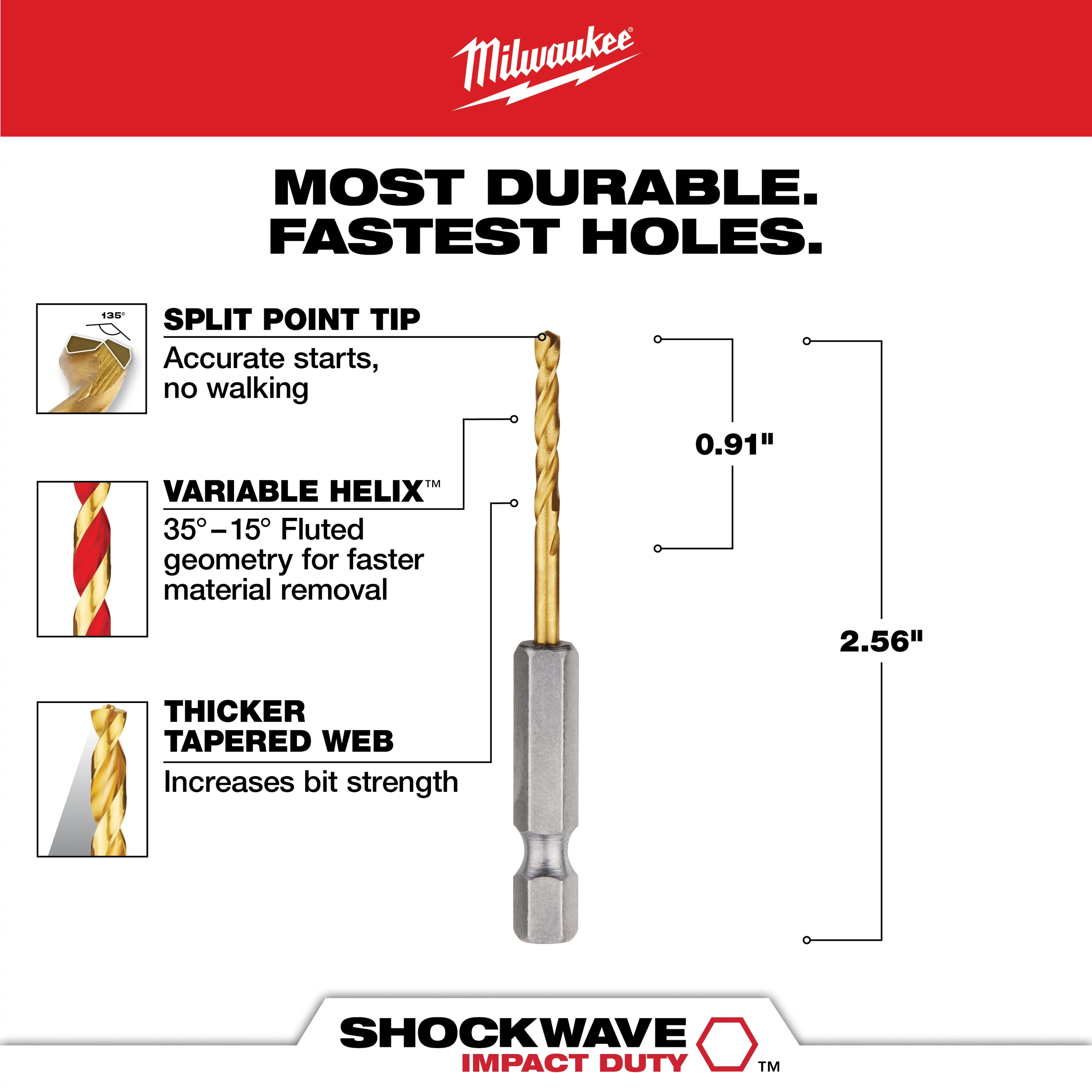 The SHOCKWAVE 7/64 in. Titanium Twist Drill Bit features a split point tip for accurate starts, a variable helix for faster material removal, and a thicker tapered web for increased bit strength. The drill bit measures 2.56 inches in length with a 0.91-inch fluted section.