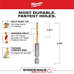 The SHOCKWAVE 7/64 in. Titanium Twist Drill Bit features a split point tip for accurate starts, a variable helix for faster material removal, and a thicker tapered web for increased bit strength. The drill bit measures 2.56 inches in length with a 0.91-inch fluted section.
