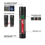2160_21 Walk-Around flashlight with 800 lumens, high-definition output, USB charging port, battery status indicator, and removable clip.