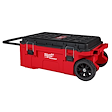PACKOUT Rolling Tool Chest, a red and black portable storage box with large wheels, side handles, and a pull-out handle.
