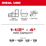 The image promotes ideal uses for a plumbing snake including sinks, kitchen sinks, bathtubs, showers, and floor traps. It features a pipe capacity of 1-1/2" to 4" with inner cores of 3/8" x 100 feet and 1/2" x 75 feet listed.