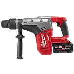 The M18 FUEL™ 1-9/16" SDS Max Rotary Hammer features a red and black design with a side handle and a black M18 REDLITHIUM battery pack.
