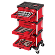The image shows a 366pc. Master Mechanics Hand Tool Set with PACKOUT™ Drawers and Dolly. The set includes various tools organized neatly in red drawers on a rolling dolly.