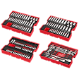 The image shows the 242pc. 1/4”, 3/8”, & 1/2” Drive Metric & SAE Ratchet & Socket Set with Trays for PACKOUT™ Drawers. The set is arranged neatly in organizing trays suitable for PACKOUT™ storage solutions.