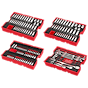 The image shows the 242pc. 1/4”, 3/8”, & 1/2” Drive Metric & SAE Ratchet & Socket Set with Trays for PACKOUT™ Drawers. The set is arranged neatly in organizing trays suitable for PACKOUT™ storage solutions.