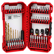 The image shows a red and black SHOCKWAVE™ Impact Duty Drill & Drive Set – 50PC. The open case contains various drill bits and driving bits organized in rows. The set includes gold drill bits, sockets, and screw heads arranged neatly inside.