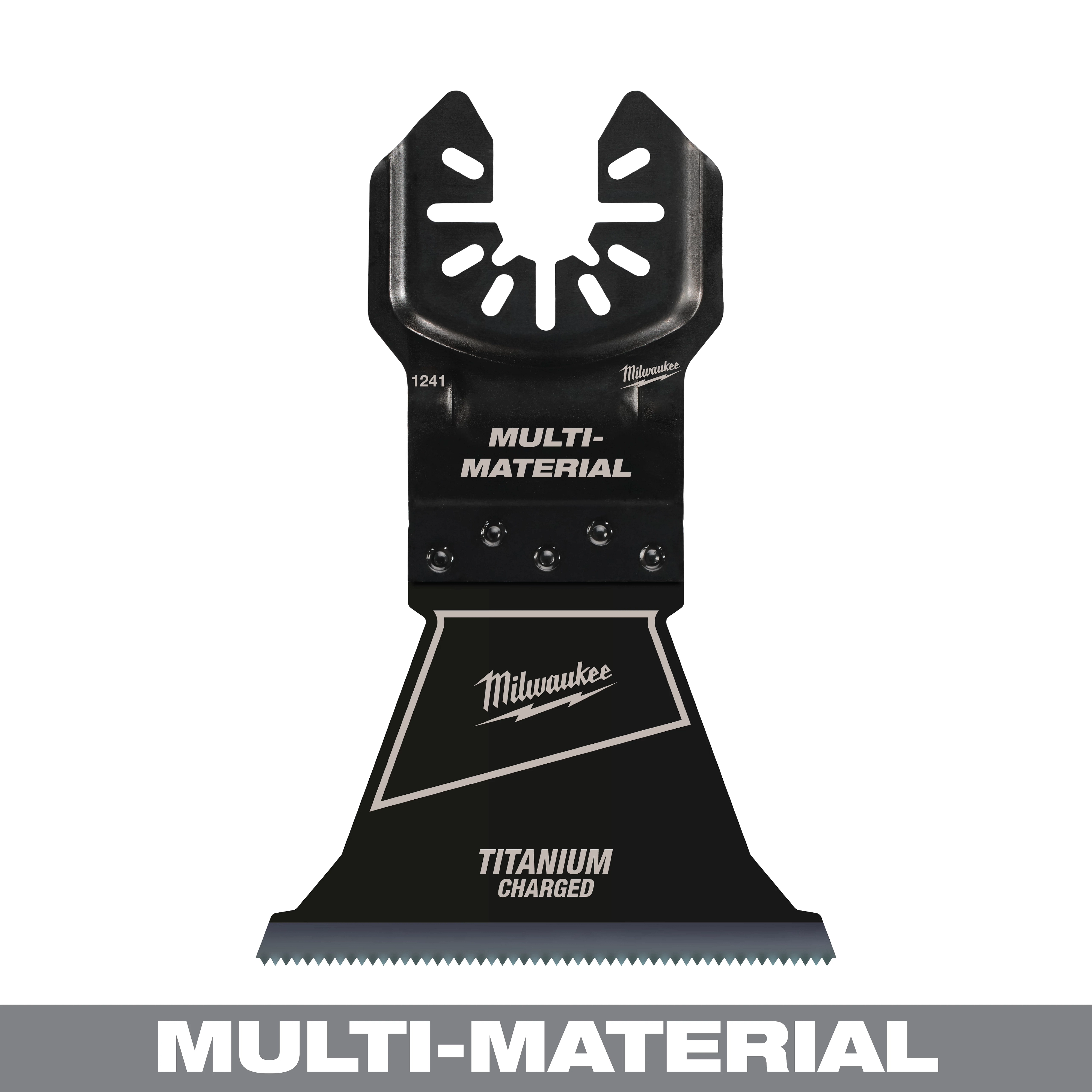 Milwaukee Open-Lok 2-1/2" titanium charged bi-metal multi-material multi-tool blade, black with white text, shown front view.