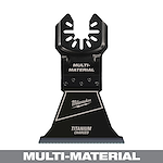 Milwaukee Open-Lok 2-1/2" titanium charged bi-metal multi-material multi-tool blade, black with white text, shown front view.