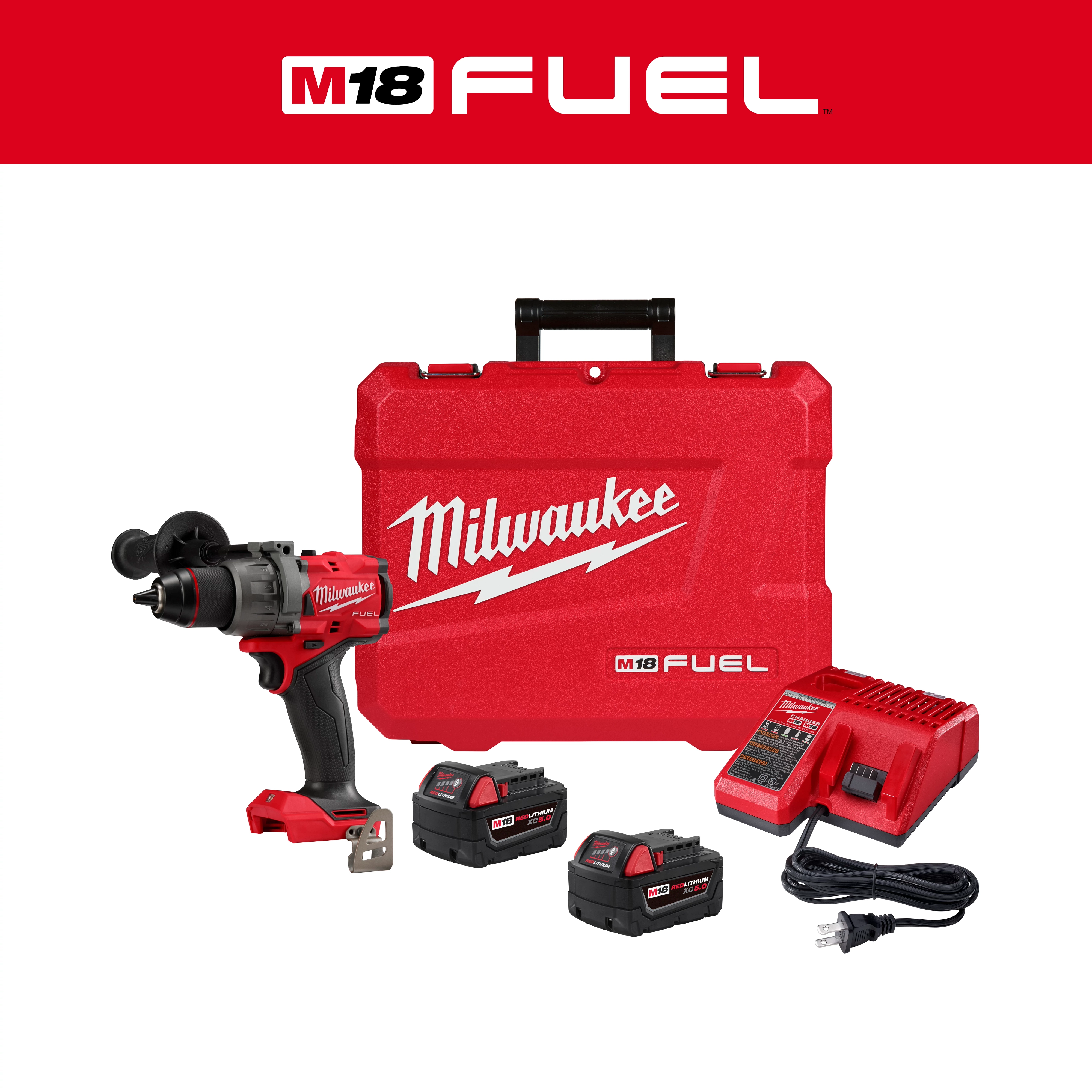 Milwaukee M18 FUEL 1/2" Hammer Drill/Driver Kit includes the drill, red carrying case, two batteries, and a charger.