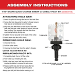Carbide Teeth Hole Saw Assembly Instructions detailing steps to attach, remove, and replace pilot bits for a 7/16" shank quick change arbor with cobalt pilot bit. Instructions include securing the hole saw, tightening the nut, and using the hex key for pilot bit replacement. Steps emphasize caution as the hole saw may be hot.