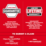 The Master Mechanics Hand Tool Set with PACKOUT™ Drawers has a lifetime guarantee for Milwaukee ratchets, sockets, wrenches, picks, pry bars, and hammers, and a limited lifetime warranty for PACKOUT™ screwdrivers, pliers, hex keys, wrenches, tape measures, and utility knife. Contact details are provided for submitting claims.