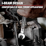 A hand using a Mechanics Hand Tools wrench with an I-Beam design to turn a bolt on a mechanical device. The text highlights the tool's comfort in high-torque applications. The wrench is marked with the number 13.