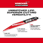 The Wrecker with Nitrus Carbide Walkaround features a multi-material blade with 6 TPI design for fast cutting. It includes a Fang Tip for quick plunge cuts in wood and abrasives, and Nitrus Carbide technology for extended durability in various materials. Slogan: "Unmatched Life. Superior Cutting Versatility."