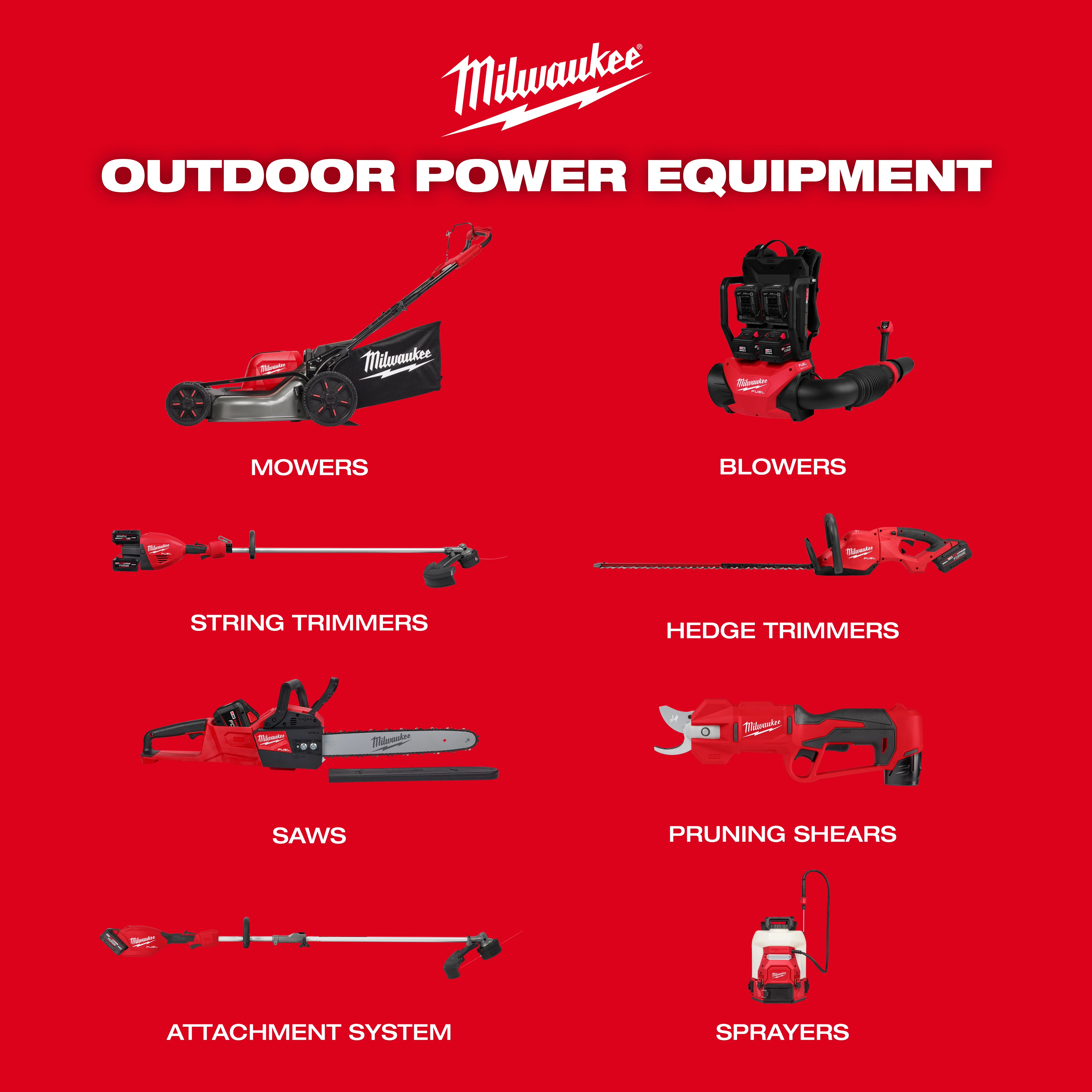 Milwaukee Outdoor Power Equipment displayed on a red background includes mowers, blowers, string trimmers, hedge trimmers, saws, pruning shears, an attachment system, and sprayers.