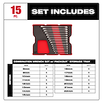 Bare Tray for 15pc. Metric Combination Wrench Set for PACKOUT Drawers includes wrenches of sizes 8mm to 22mm. The graphic shows the wrench tray and a table listing each wrench size and quantity. The tray is red and black with slots for each wrench.