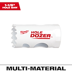 1-1/8" Hole Dozer Bi-Metal Hole Saw with white body and red text, designed for multi-material cutting applications.