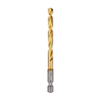 The Red Helix Titanium Impact Drill Bit is a golden, twisted drill bit with a silver hex shank. It is designed for increased durability and precision in impact driver applications.