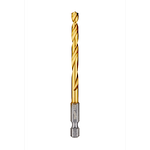 The Red Helix Titanium Impact Drill Bit is a golden, twisted drill bit with a silver hex shank. It is designed for increased durability and precision in impact driver applications.
