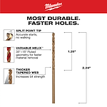 The 3/32 in. Cobalt Red Helix Twist Drill Bit features a split point tip for accurate starts, a variable helix for faster material removal, and a thicker tapered web for increased bit strength. Dimensions: 1.26 inches in length and 2.24 inches in height. Ideal for durable, faster holes.