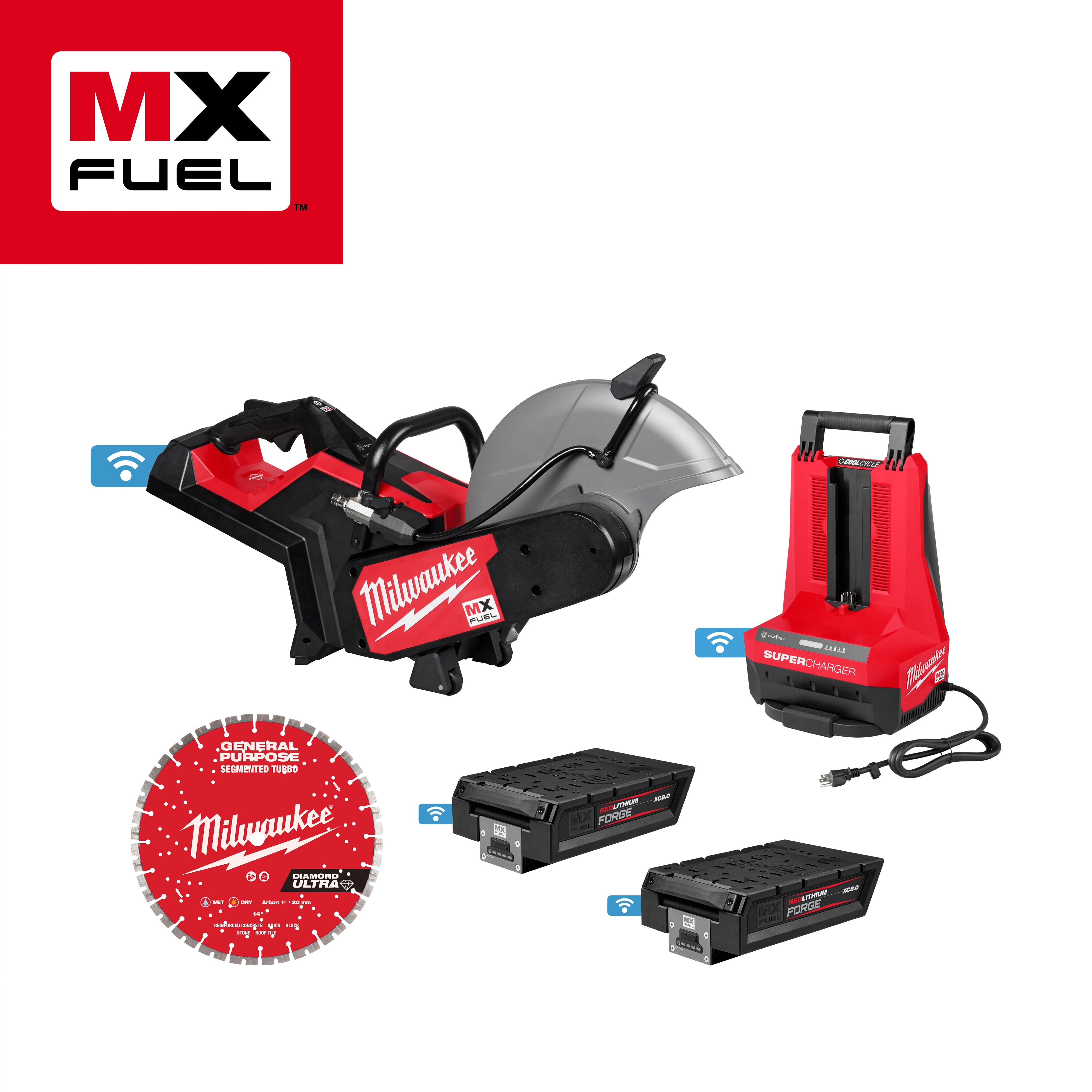 The image shows an MX FUEL™ 14" Cut-Off Saw with RAPIDSTOP™ Brake by Milwaukee, featuring a red and black saw, a Super Charger, two batteries, and a circular cutting blade. The MX FUEL™ logo is displayed in the top left corner. 
