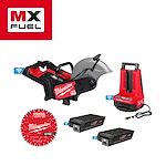 The image shows an MX FUEL™ 14" Cut-Off Saw with RAPIDSTOP™ Brake by Milwaukee, featuring a red and black saw, a Super Charger, two batteries, and a circular cutting blade. The MX FUEL™ logo is displayed in the top left corner. 
