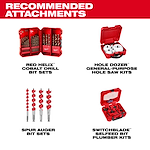 Recommended attachments for M18 FUEL Drills include Red Helix cobalt drill bit sets, Hole Dozer hole saw kits, Spur Auger bit sets, and Switchblade Bit Plumber kits.