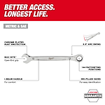 The Master Mechanics Hand Tool Set with PACKOUT™ Drawers features chrome-plated rust protection, Max Bite™ open-end grip, an I-beam handle for comfort, ink-filled sizes for identification, and 144 ratcheting positions with a 2.5° arc swing. The set offers both metric and SAE sizes and comes with a lifetime guarantee.