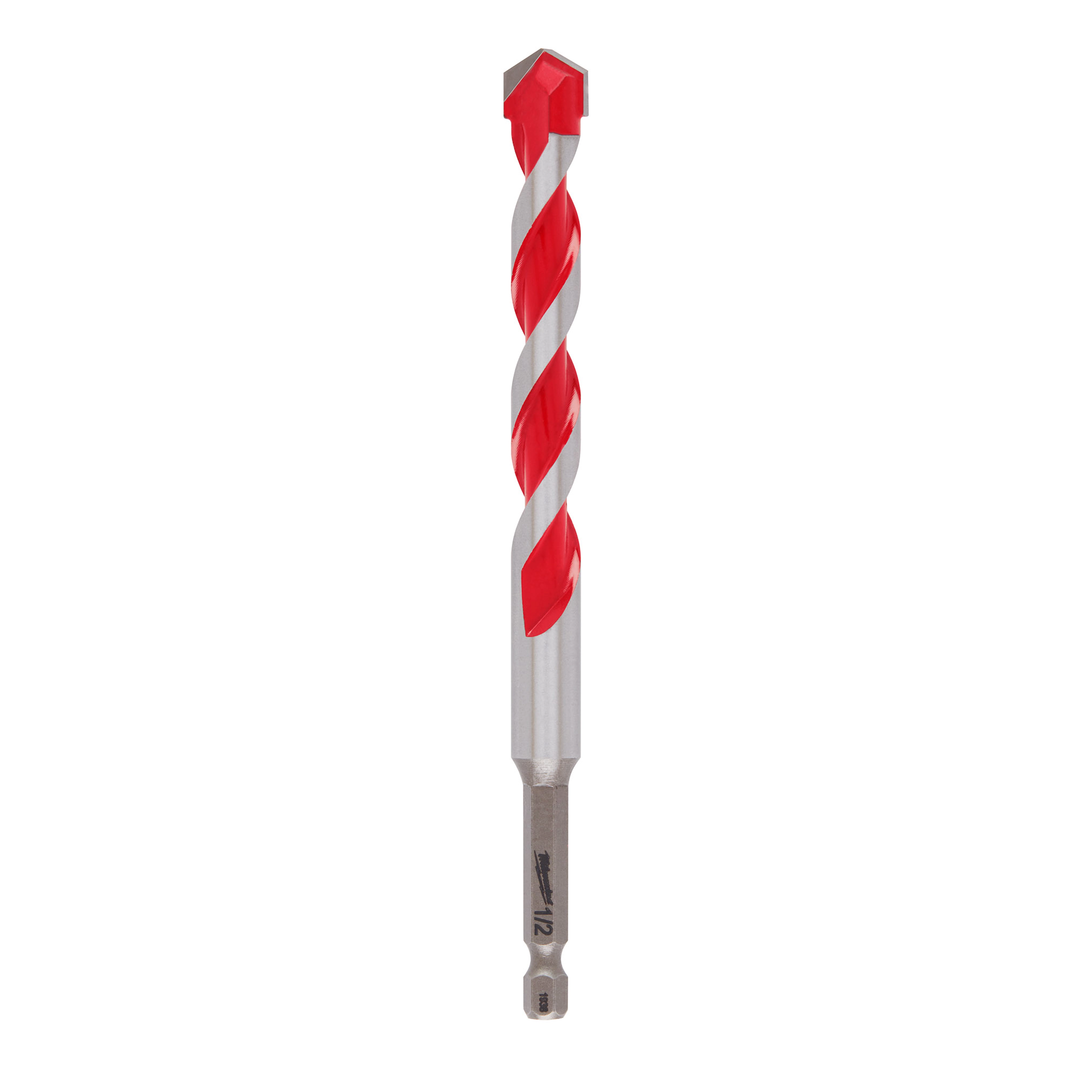 1/2" X 4" X 6" Hammer Drill Bit with a red and silver spiral design, featuring a hexagonal shank and carbide-tipped end.