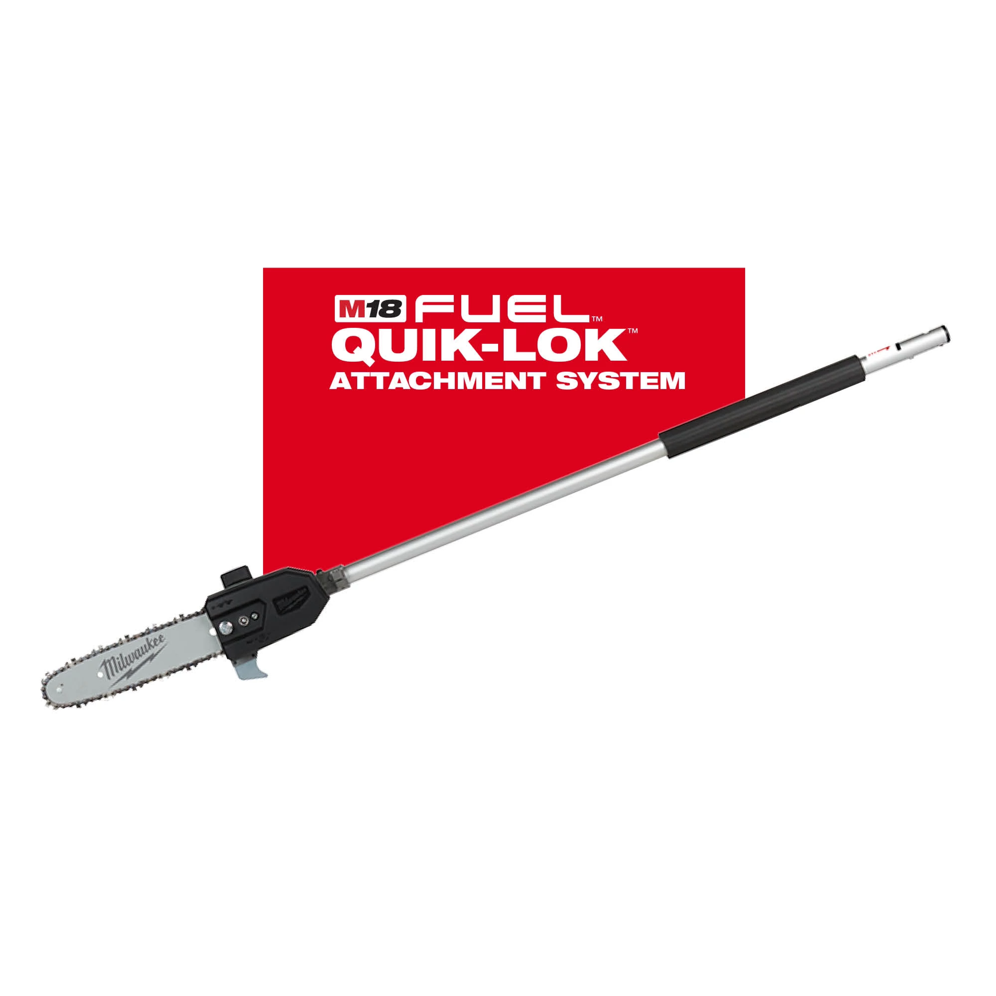 Red and white branding displayed behind the Milwaukee M18 FUEL QUIK-LOK 10-inch Pole Saw Attachment, featuring a long handle and chainsaw blade.