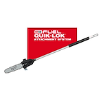 Red and white branding displayed behind the Milwaukee M18 FUEL QUIK-LOK 10-inch Pole Saw Attachment, featuring a long handle and chainsaw blade.