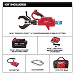 The M18 FORCE LOGIC 3" Underground Cable Cutter kit includes the cable cutter, M18 REDLITHIUM XC5.0 battery, M18 and M12 multi-voltage charger, inverter, carabiner, and a utility bag.