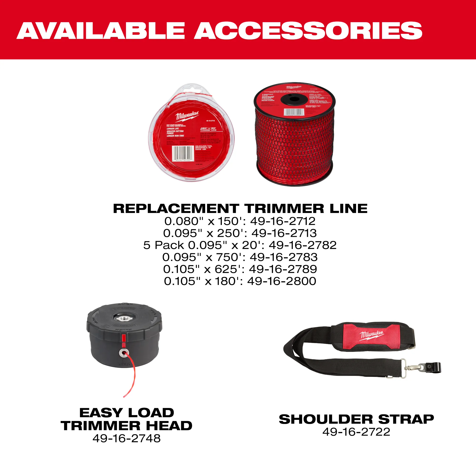 Image of available accessories for the M18 FUEL 17” Dual Battery String Trimmer