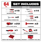 The 64pc. Hand Tool Set with PACKOUT™ 4 Drawer Tool Box includes 15 screwdrivers, 14 pliers, 2 adjustable wrenches, 6 picks and pry bars, 22 hex keys, 2 hammers, 1 utility knife, 2 marking and measuring tools, trays for drawers, and a 4-drawer tool box.