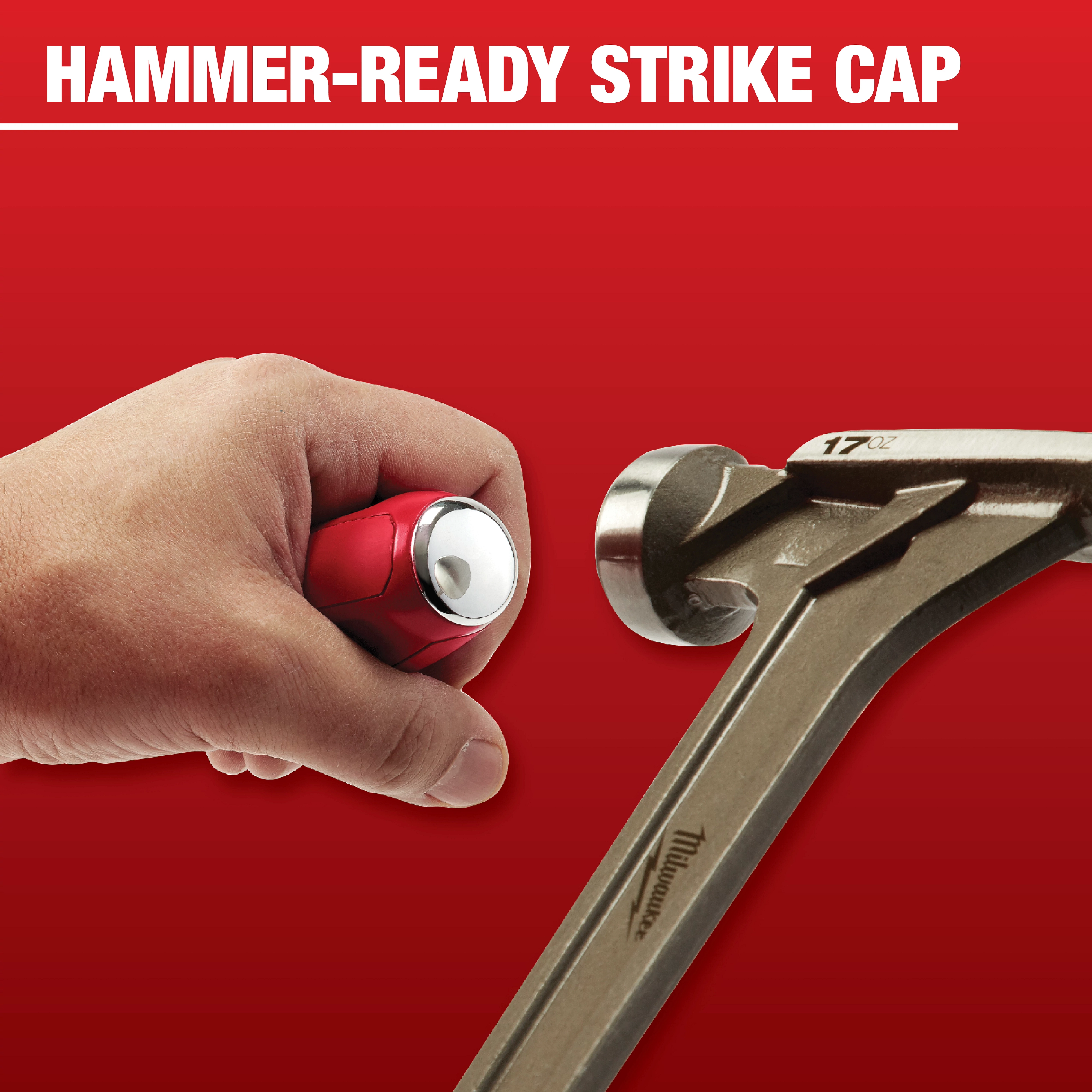 A hand holding a red Mechanic%20Hand%20Tool with a hammer-ready strike cap is shown next to a metallic hammer against a red background. The text "HAMMER-READY STRIKE CAP" is written above the tools.