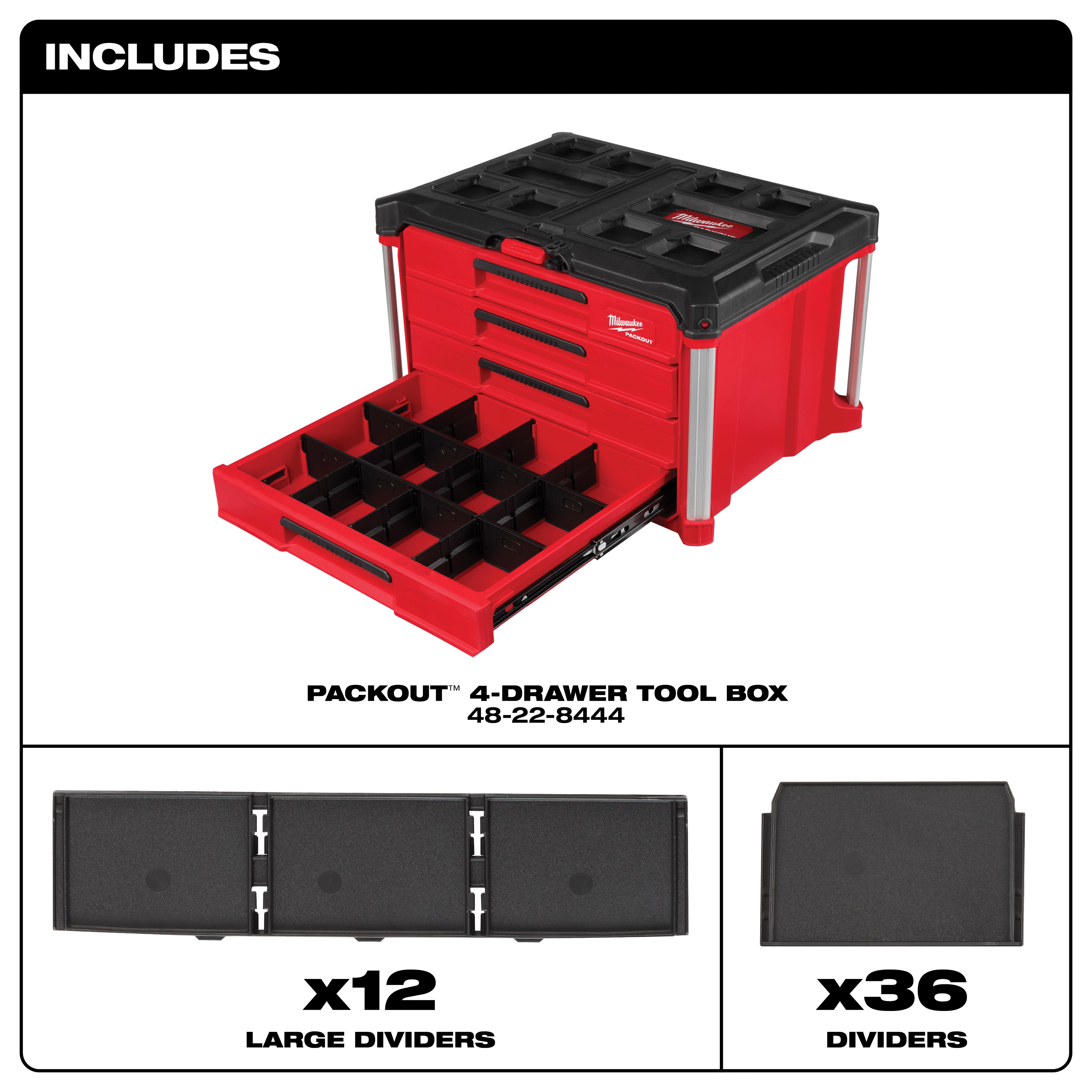 The PACKOUT 4 Drawer Tool Box shown with one drawer open, includes 12 large dividers and 36 smaller dividers for organization.