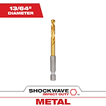 The SHOCKWAVE 13/64 in. Titanium Drill Bit has a titanium-coated spiral tip for durability. It is designed for metal drilling and impact duty applications. The drill bit's diameter is indicated as 13/64 inches, with a hex shank for quick change compatibility.