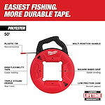 50' POLY W/ PLASTIC TIP FISH TAPE in a red and black case with labeled features: non-conductive tip, high flexibility tape, multiple handle positions.