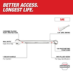 This image features a wrench with labeled features: chrome-plated rust protection, Max Bite open-end grip, I-beam handle for comfort, 2.5° arc swing, 144 ratcheting positions, and ink-filled sizes for easy identification. Text at the top reads "Better Access. Longest Life" and indicates a lifetime guarantee.