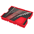 Image of a 15PC SAE Ratcheting Combination Wrench Set with Tray for PACKOUT™ Drawers. The set features 15 wrenches neatly arranged in a black tray with a red border, designed to fit PACKOUT™ storage drawers.