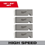 Universal%20Dies%20Image%20Reel showcasing four 1/2"-3/4" NPT high-speed dies with brand name engraved, suitable for threading pipes.
