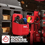 The image displays a PACKOUT Organizer Cup in red, mounted on a storage wall with tools and equipment, promoting quick access organization.