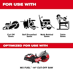 This image shows different saw types suited for the DIAMOND ULTRA™ Segmented Turbo, General Purpose Diamond Blade, including cut-off saws, self-propelled saws, walk-behind saws, and table saws. It also highlights an MX FUEL™ 14" Cut-Off Saw optimized for use with the blade.