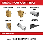 The product "For Use With" is ideal for cutting wood with nails, deck screws, Schedule 40 pipe, plaster, PVC, and roofing material. Suitable for all reciprocating saws. Text is displayed in bold red and black against a white background, with corresponding images of each material.