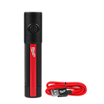 The Milwaukee® Rechargeable 500L Everyday Carry Flashlight w/ Magnet features a black and red design with a power button on top. It includes a long red USB charging cable for convenience.